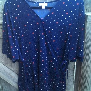Navy blue top with red hearts and white polka dots